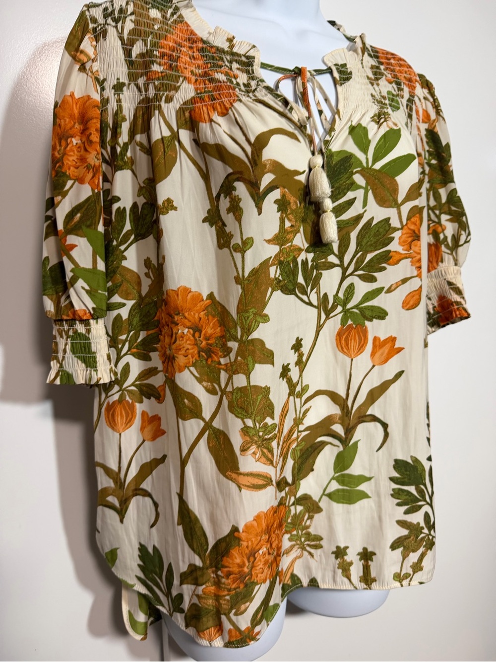 Floral Peasant Blouse Tassel Tie Cream Orange Feminine Office Wear Size Medium - Picture 3 of 9